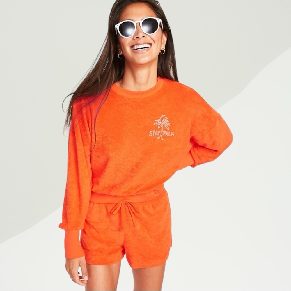 Old Navy Terry Set Orange Loose Cropped Long-Sleeve Sweatshirt & Shorts Small